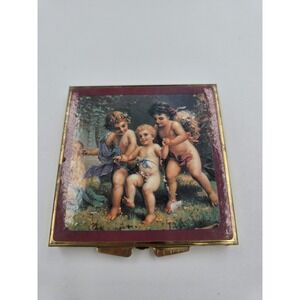 Vintage Cherubs Angels Gold Tone Pill Box Case 7 Day Organizer Mirror